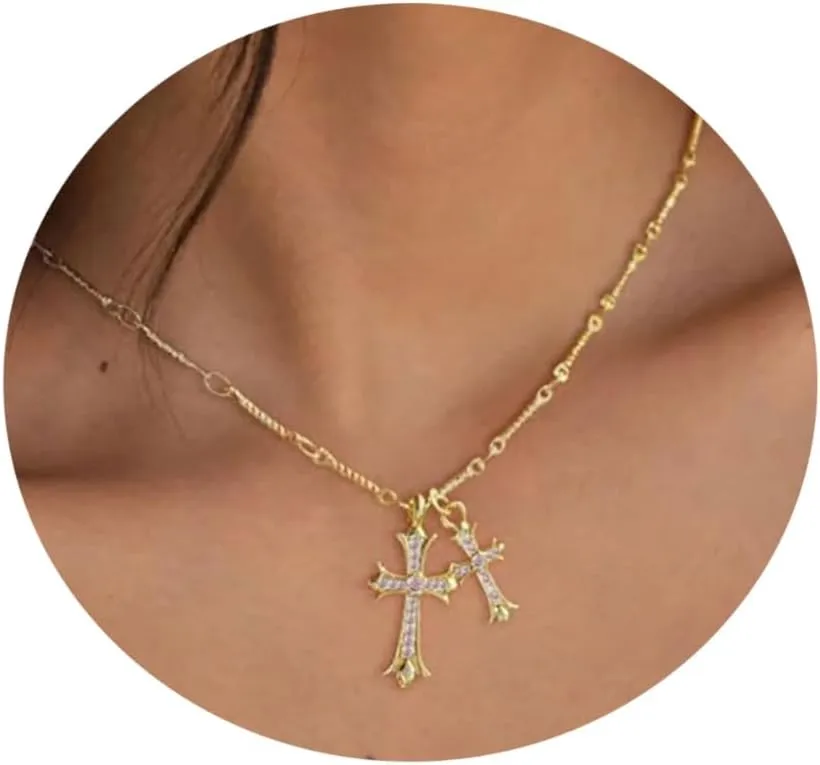 Cross Necklace 14K Gold Plated Double Cross Pendant Birthstone Necklace Dainty Diamond Cross Charm Link Chain Choker Delicate Faith Jewelry Religious Gifts for Women Mothers