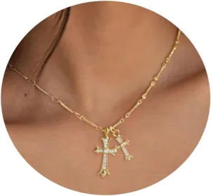 Cross Necklace 14K Gold Plated Double Cross Pendant Birthstone Necklace Dainty Diamond Cross Charm Link Chain Choker Delicate Faith Jewelry Religious Gifts for Women Mothers