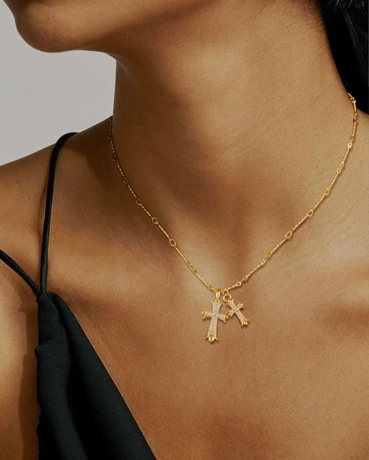 Cross Necklace 14K Gold Plated Double Cross Pendant Birthstone Necklace Dainty Diamond Cross Charm Link Chain Choker Delicate Faith Jewelry Religious Gifts for Women Mothers