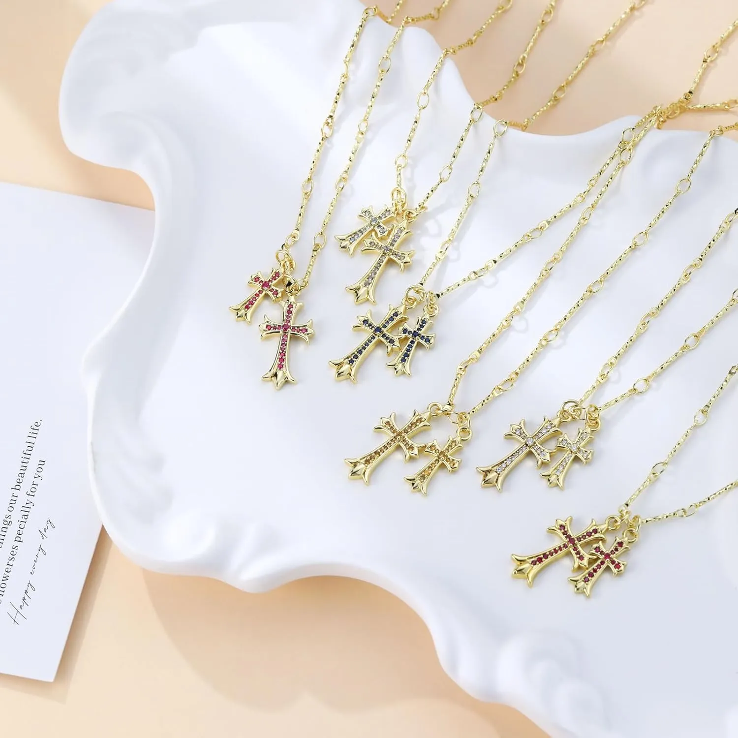 Cross Necklace 14K Gold Plated Double Cross Pendant Birthstone Necklace Dainty Diamond Cross Charm Link Chain Choker Delicate Faith Jewelry Religious Gifts for Women Mothers