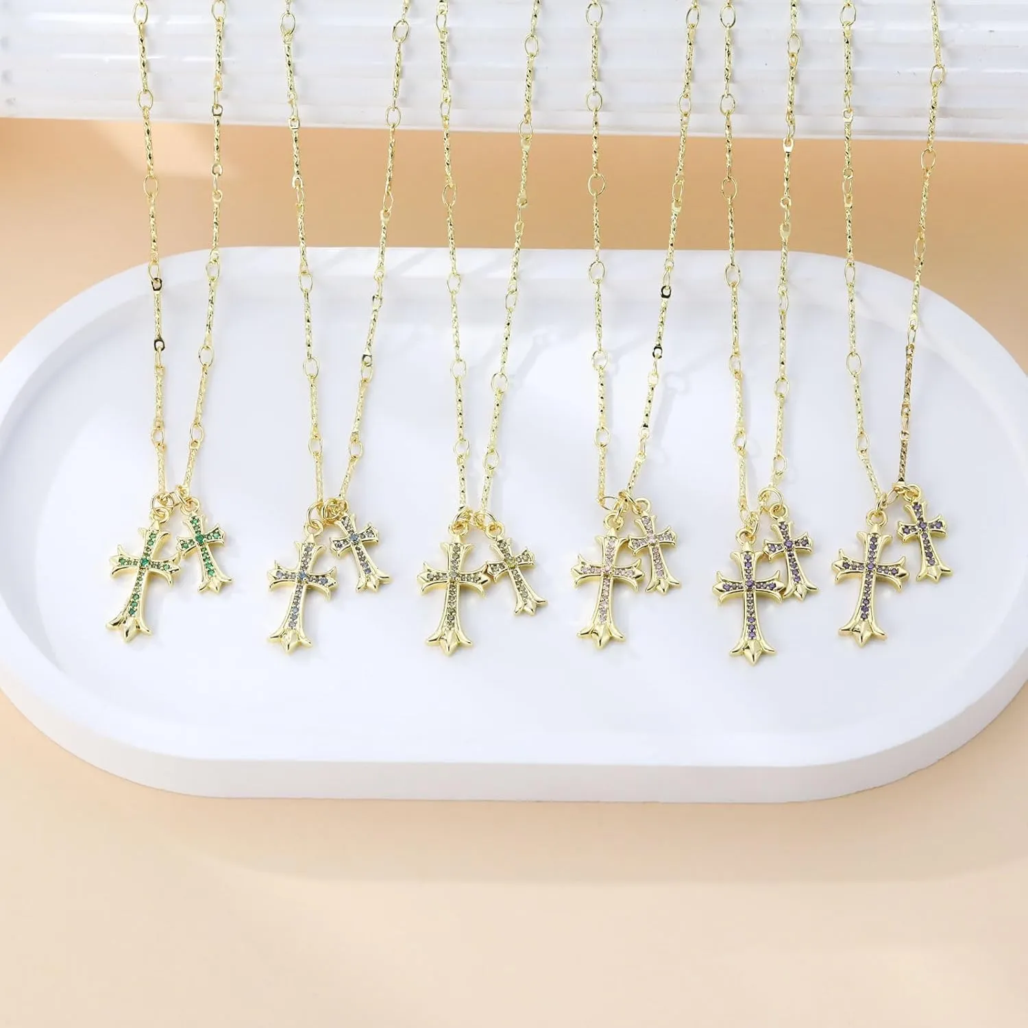 Cross Necklace 14K Gold Plated Double Cross Pendant Birthstone Necklace Dainty Diamond Cross Charm Link Chain Choker Delicate Faith Jewelry Religious Gifts for Women Mothers