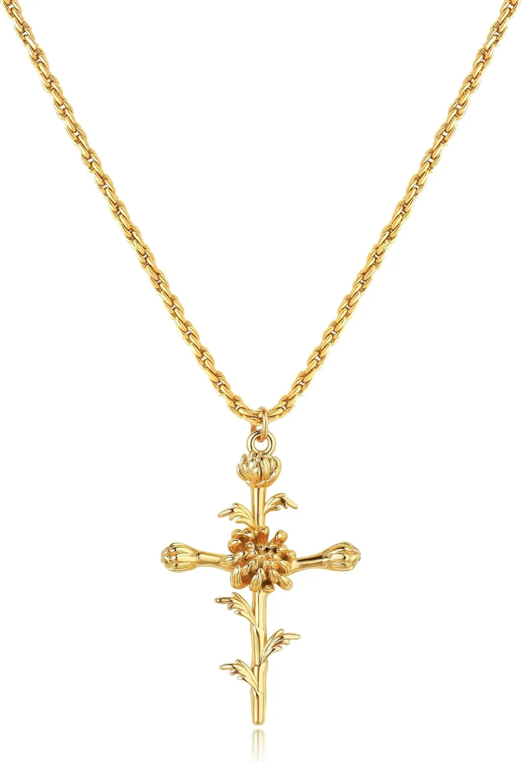 Cross Necklace for Women 14K Gold Plated Birth Flower Necklaces Rope Cross Pendant Fashion Gold Jewelry Birthday Gifts 12 Month