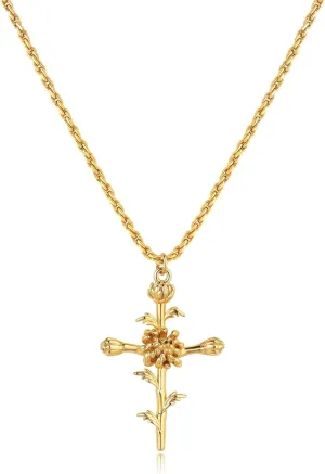 Cross Necklace for Women 14K Gold Plated Birth Flower Necklaces Rope Cross Pendant Fashion Gold Jewelry Birthday Gifts 12 Month