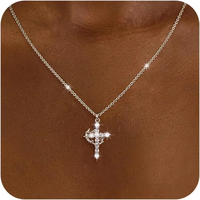 Cross Necklace for Women - Non Tarnish Dainty 14K Gold Plated/Sterling Silver Crown Cross Pendant Simple CZ Necklaces for Women Trendy Jewelry Gifts