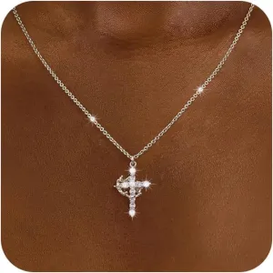 Cross Necklace for Women - Non Tarnish Dainty 14K Gold Plated/Sterling Silver Crown Cross Pendant Simple CZ Necklaces for Women Trendy Jewelry Gifts