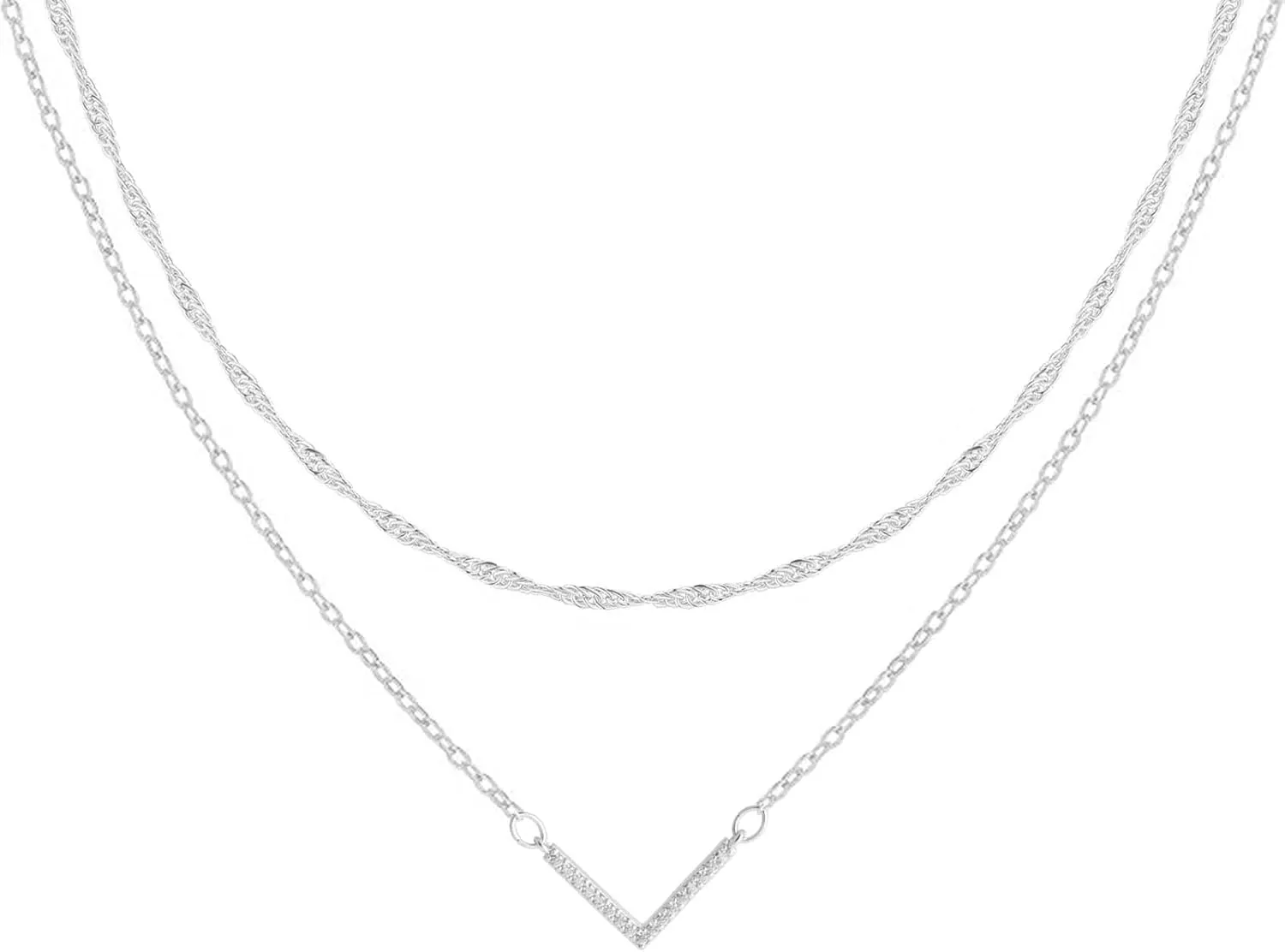 Cross Necklace Multi-Layer 14K Gold/Silver Plated Cubic Zirconia Cross/V Pendant Necklaces For Women trendy Gift (Silver Double Layered)