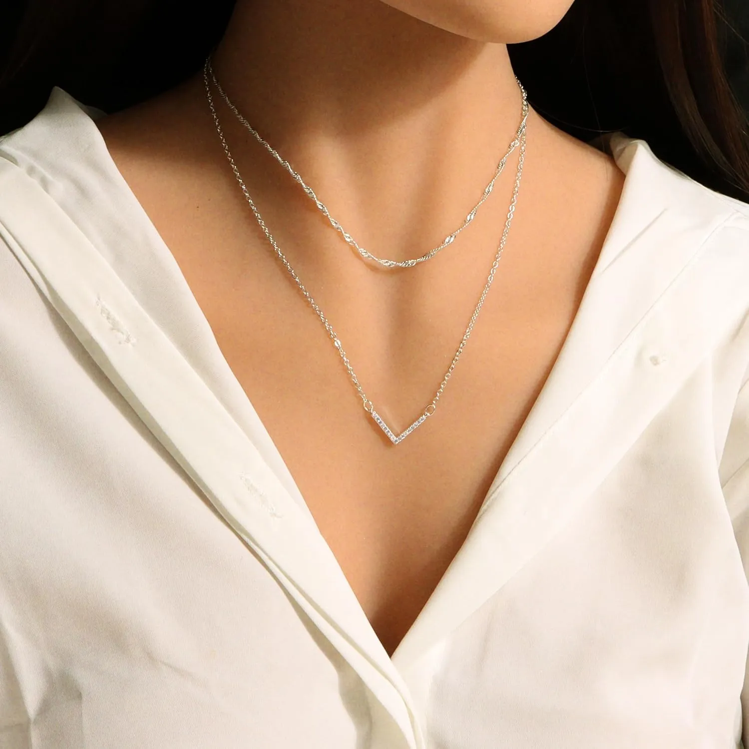 Cross Necklace Multi-Layer 14K Gold/Silver Plated Cubic Zirconia Cross/V Pendant Necklaces For Women trendy Gift (Silver Double Layered)