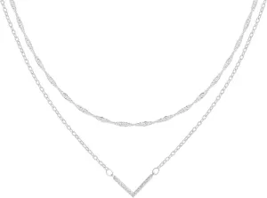 Cross Necklace Multi-Layer 14K Gold/Silver Plated Cubic Zirconia Cross/V Pendant Necklaces For Women trendy Gift (Silver Double Layered)