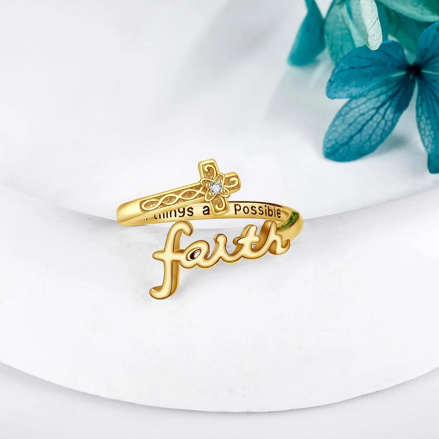 Cross Ring for Women 10K/14K/18K Real Gold Cross Faith Open Ring Personalized Birthstone Ring for Women Cubic Zirconia Christian Spoon Rings Religion Jewelry For Women Daughter Friend