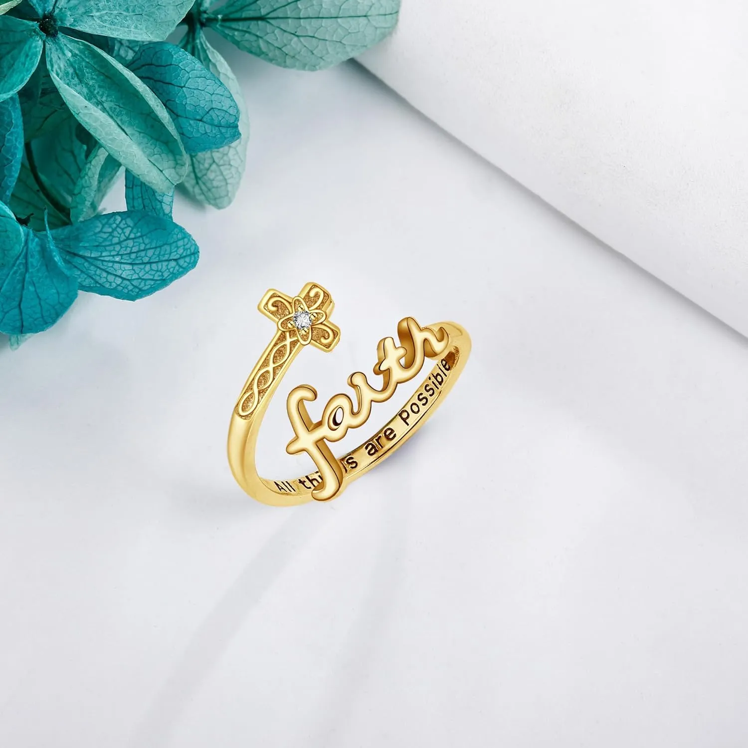 Cross Ring for Women 10K/14K/18K Real Gold Cross Faith Open Ring Personalized Birthstone Ring for Women Cubic Zirconia Christian Spoon Rings Religion Jewelry For Women Daughter Friend