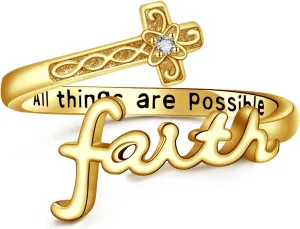 Cross Ring for Women 10K/14K/18K Real Gold Cross Faith Open Ring Personalized Birthstone Ring for Women Cubic Zirconia Christian Spoon Rings Religion Jewelry For Women Daughter Friend