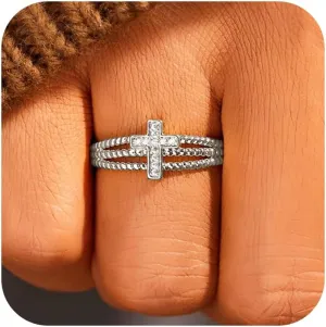 Cross Ring for Women 925 Silver Sterling 14K Gold Plated CZ Cross Crystal Ring to Wife Exquisite Shiny Cross Open Adjustable Gold Ring for Women Men Couple Wedding Christmas Jewelry Gifts Graduation Gift