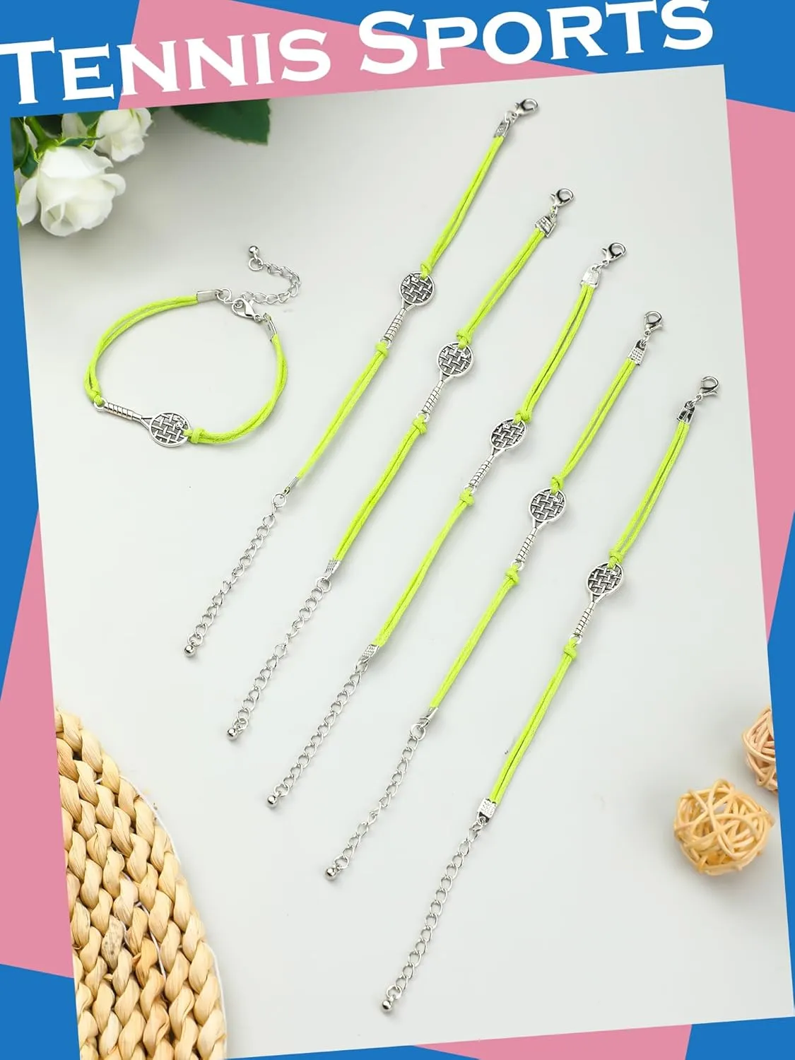 Crowye 24 Pcs Tennis Bracelet Jewelry for Women Adjustable Braided Wax Rope Tennis Racket Charm Bracelet Gifts for Women Men Teams Players Birthday Friendship