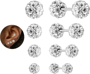 Crystal Ball Screw Back Earrings Stud 4 Pair Silver Disco Ball Earrings for Women Double Sided Earrings for Cartilage Tragus Helix conch Piercing Jewelry Party Prom Gift Sparkle Ball 3/4/5/6mm