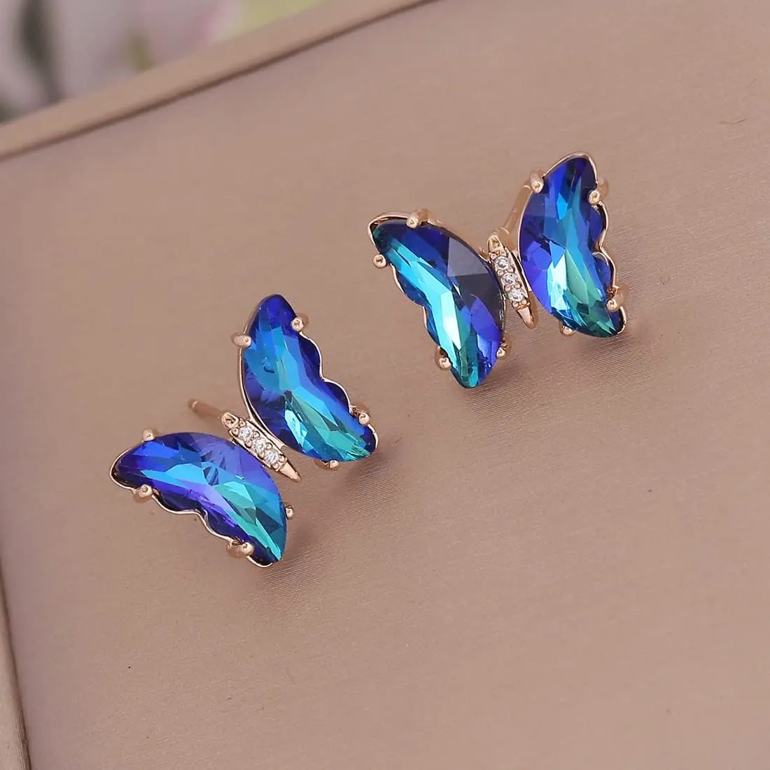 Crystal Butterfly Pendant Necklace,Crystal Zircon Dangle Earrings Purple Butterfly Stud Earring for Women