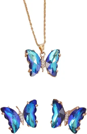 Crystal Butterfly Pendant Necklace,Crystal Zircon Dangle Earrings Purple Butterfly Stud Earring for Women