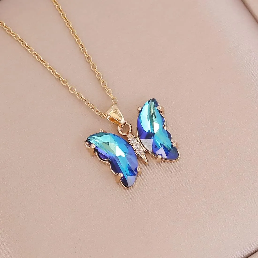 Crystal Butterfly Pendant Necklace,Crystal Zircon Dangle Earrings Purple Butterfly Stud Earring for Women