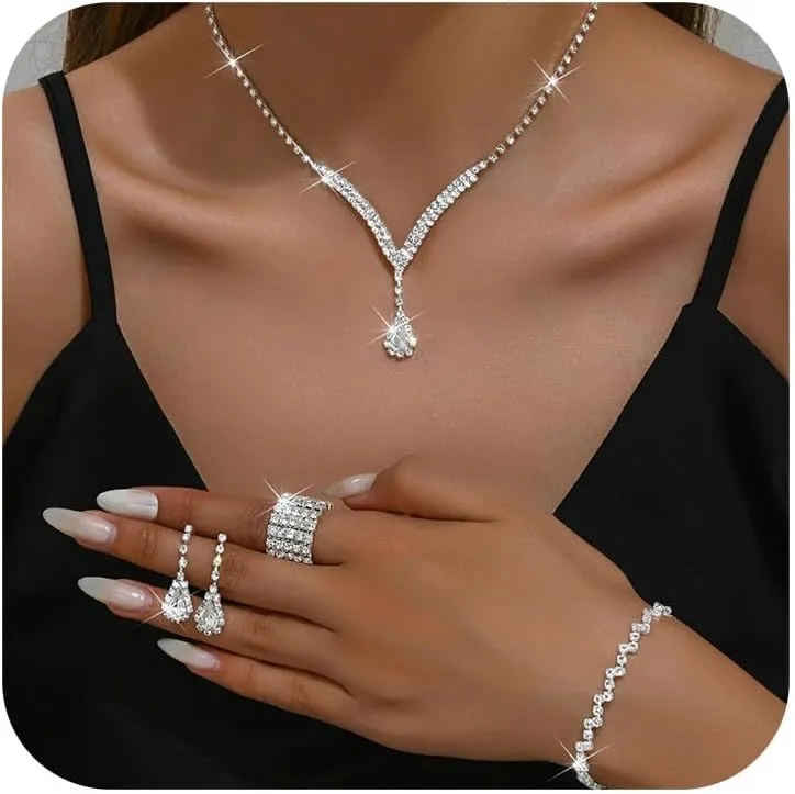 Crystal Necklace, Earrings, and Bracelet Set - Silver Rhinestone Choker for Prom Dresses - Costume Accessories for Women - Bridal Wedding Jewelry