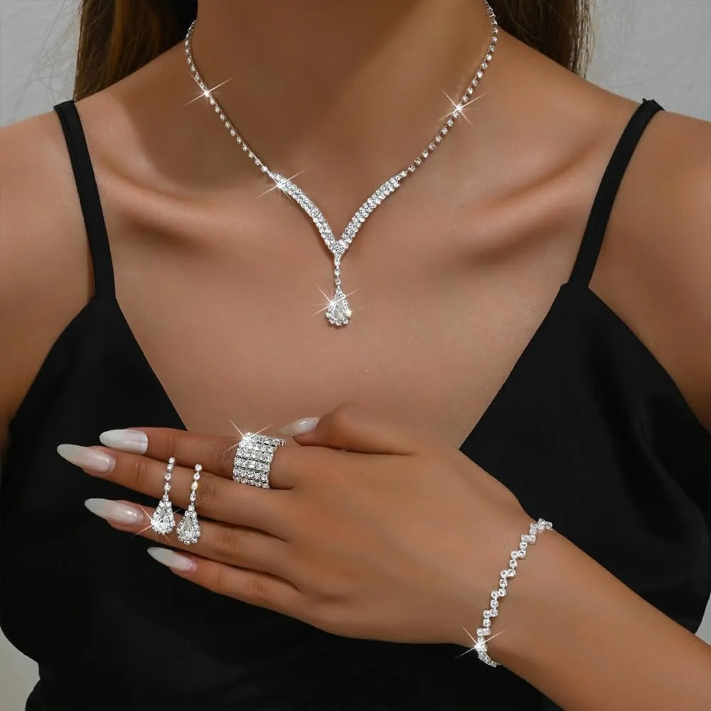 Crystal Necklace, Earrings, and Bracelet Set - Silver Rhinestone Choker for Prom Dresses - Costume Accessories for Women - Bridal Wedding Jewelry