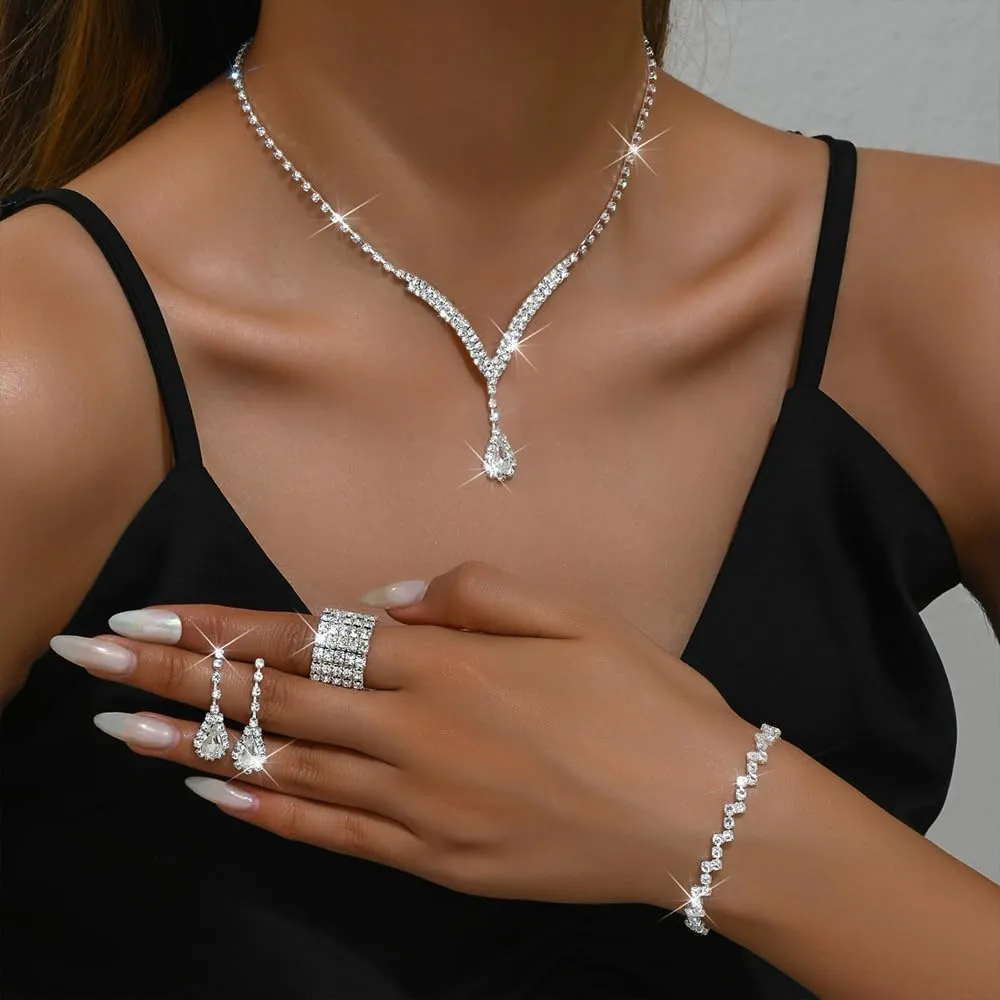 Crystal Necklace, Earrings, and Bracelet Set - Silver Rhinestone Choker for Prom Dresses - Costume Accessories for Women - Bridal Wedding Jewelry