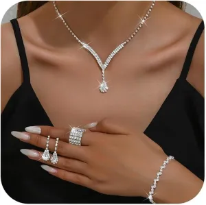 Crystal Necklace, Earrings, and Bracelet Set - Silver Rhinestone Choker for Prom Dresses - Costume Accessories for Women - Bridal Wedding Jewelry