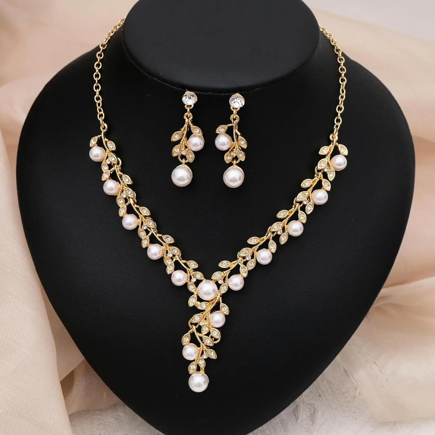 CSY Elegant Bridal Necklace Earrings Bracelets Leaves Shape Wedding Prom Dress Accessories Rhinestones Jewelry Sets for Bride Bridesmaid