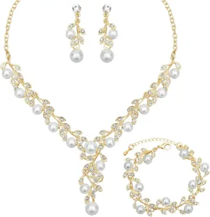 CSY Elegant Bridal Necklace Earrings Bracelets Leaves Shape Wedding Prom Dress Accessories Rhinestones Jewelry Sets for Bride Bridesmaid