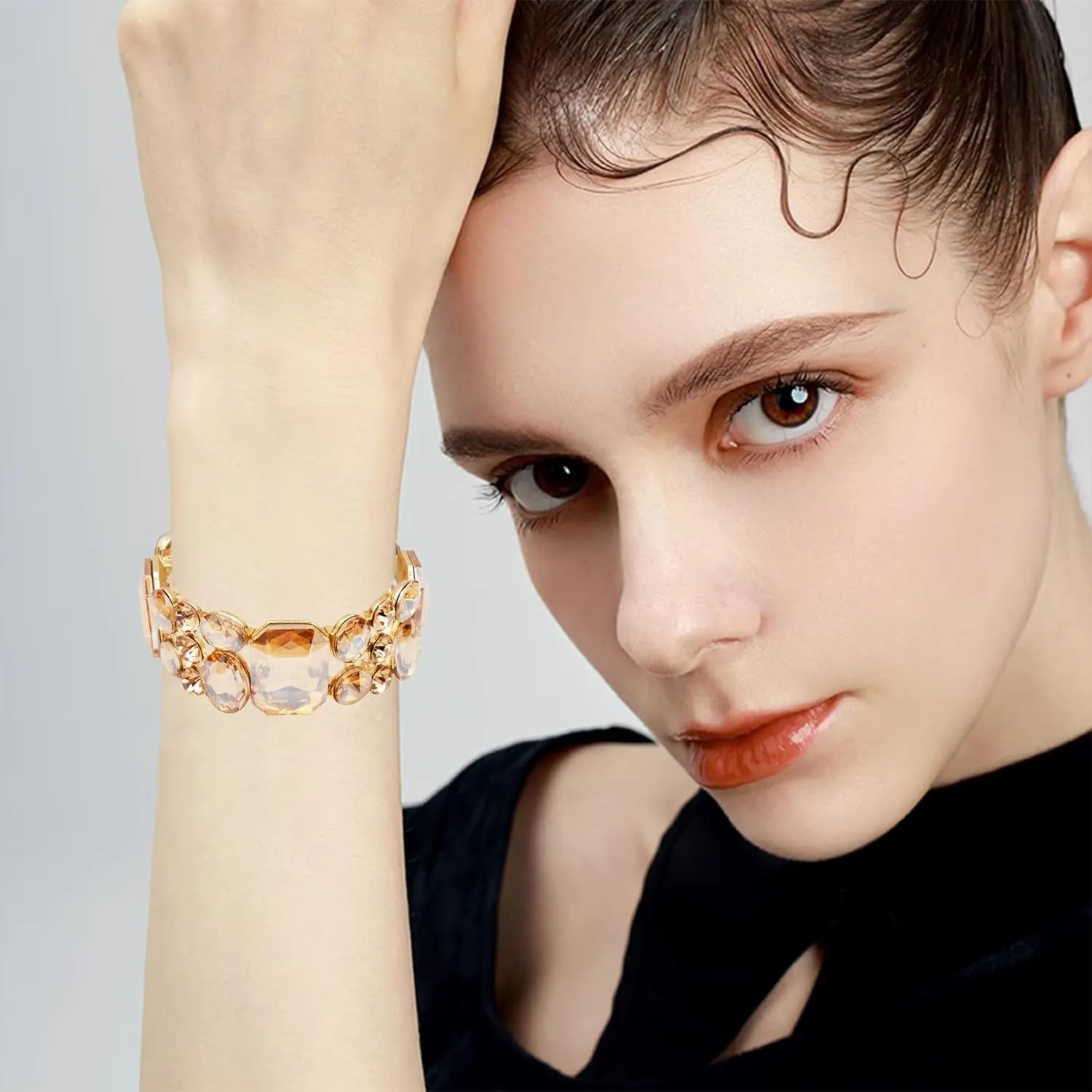 CSY Women's Statement Stretch Wide Bangle Bracelets Austrian Crystal Art Deco Elastic Bracelet for Party Prom