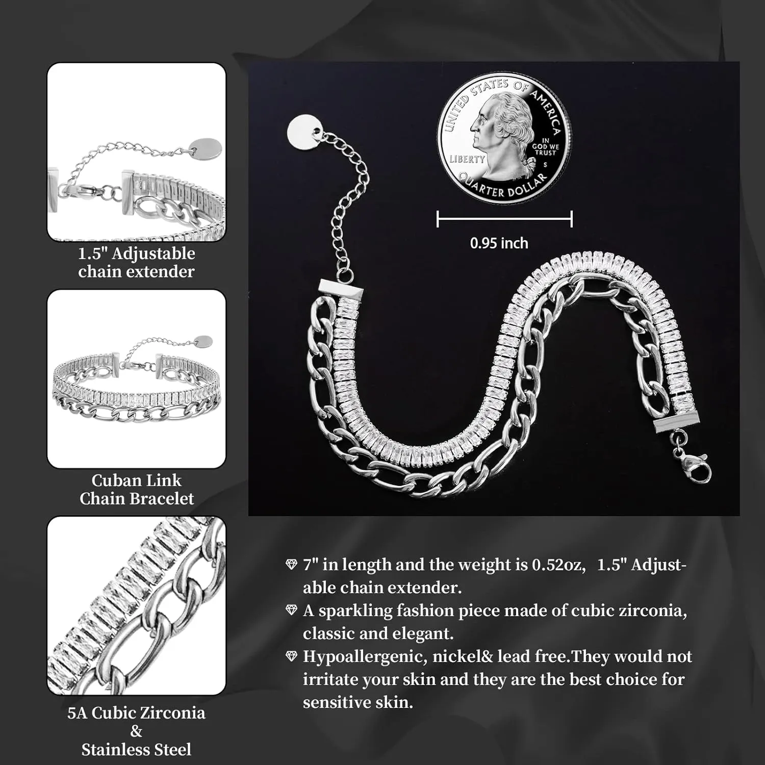 Cuban Link Chain CZ Bracelet For Men Women Stainless Steel Gold Plated Cubic Zirconia Bracelets Girls Fashion Jewelry Gift