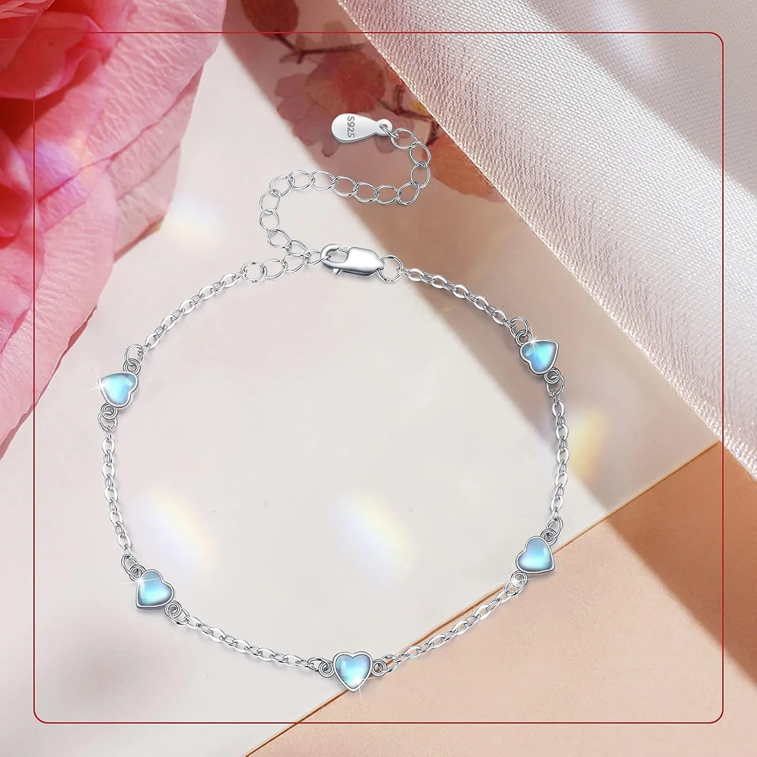 Cuoka Moonstone Bracelets 925 Sterling Silver Rainbow Round Moonstone Bracelet Moonstone Jewellery for Women Girlfriend Mom (Round, Silver)