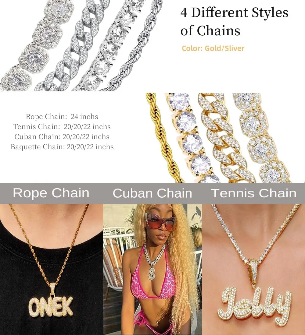 Custom Chain Letter Necklace Iced Out Pendant Custom Name Necklace Personalized Customized Name Plate Necklaces Hip Hop Jewelry Rapper Singer Gifts for Men Women