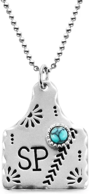 Custom Cow Tag Retro Bohemian Style Turquoise Neckalce 925 Sterling Silver/Brass Vintage Personalized Logo/Monogram/Number/Initial/Name Pendant Neckalce Gemstone Jewelry Birthday Gifts For Women Wife Daughter Mother