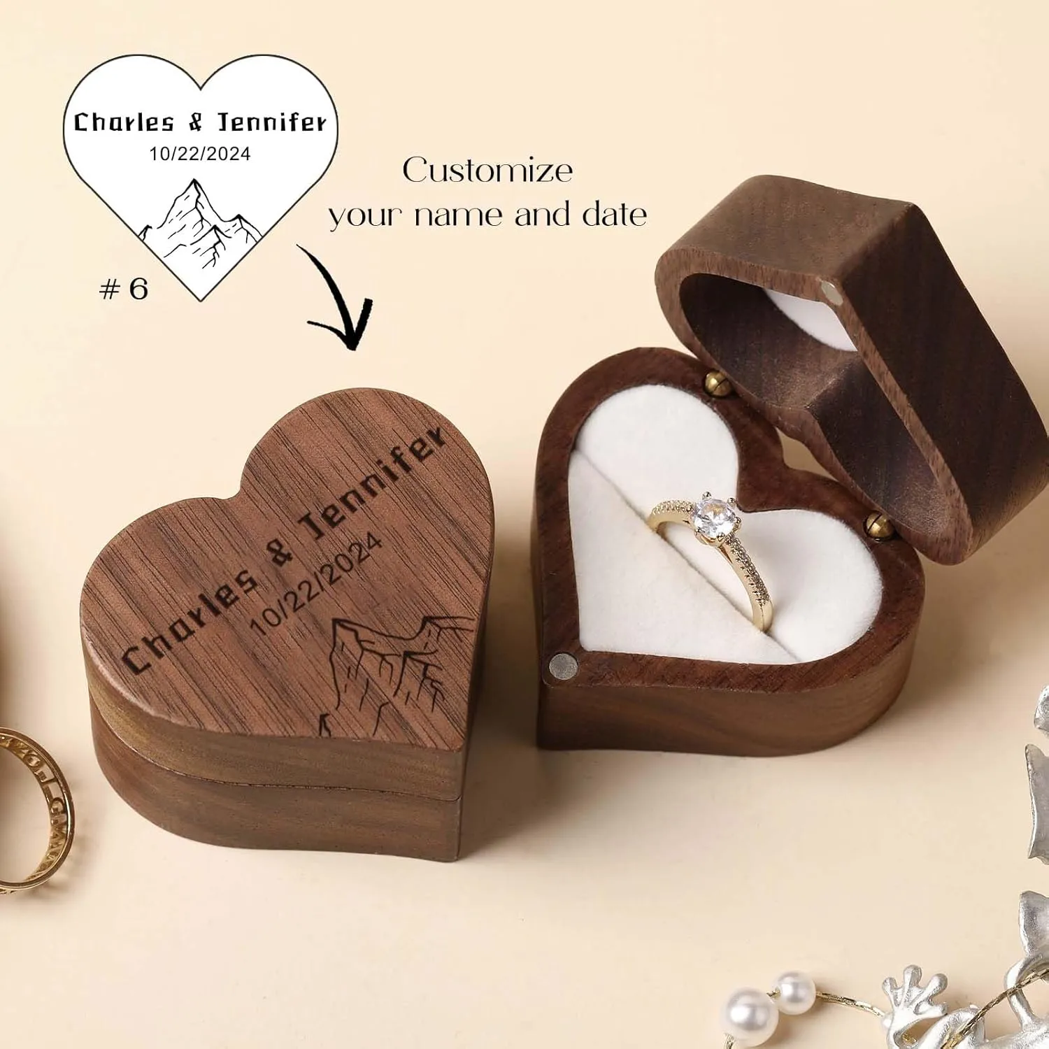 Custom Wooden Ring Box Personalized Wedding Ring Box Customized Proposal Ring Box Engagement Ring Box for Ceremony Wedding Gift for Couple (Heart Ring Box)
