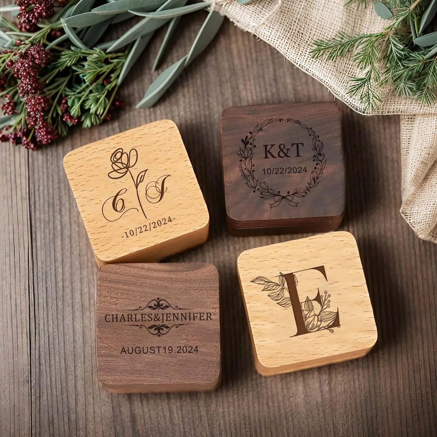 Custom Wooden Ring Box Personalized Wedding Ring Box Customized Proposal Ring Box Engagement Ring Box for Ceremony Wedding Gift for Couple (Square Ring Box)