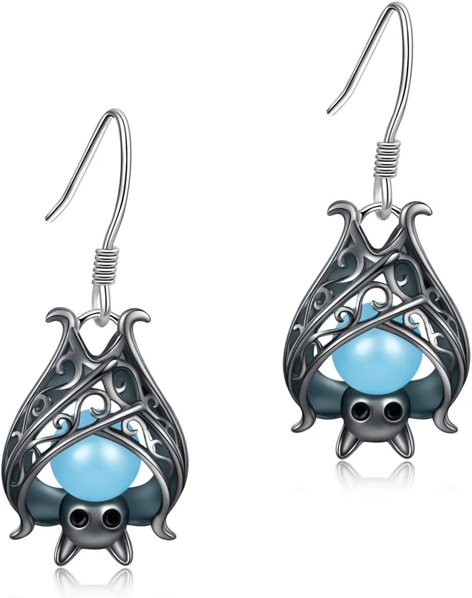 Cute Bat Earrings Sterling Silver Glowing in The Dark Animal Dangle Earring Little Witchy Vampire Halloween Jewelry Gift for Women