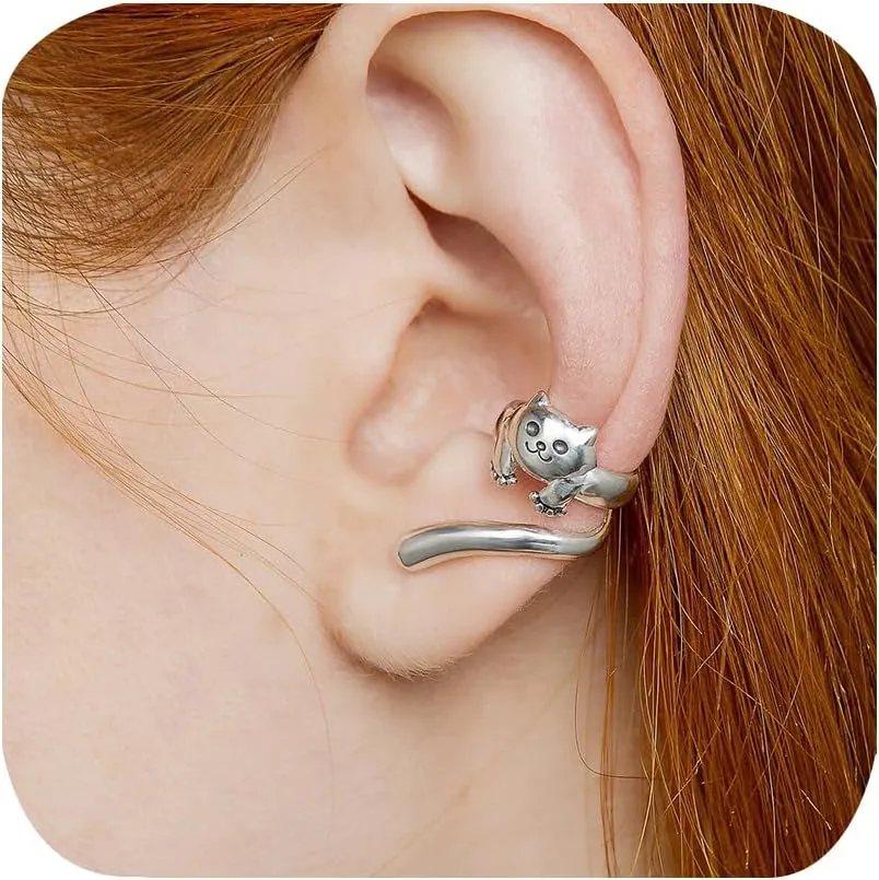 Cute Bear Koala Clip On Cartilage Ear Cuff Earrings Non Piercing Clip on Cartilage Cuff Earrings for Women Vintage Silver Cat Cuff Wrap Earrings Fake Hoops Huggie Studs Jewelry Gifts