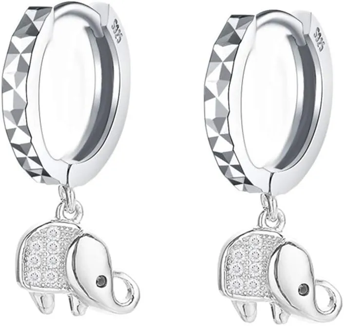 Cute Elephant Dangle Sleeper Hoop Earrings for Women 925 Sterling Silver Dainty CZ Crystal Animal Drop Cartilage Earring Huggie Hinged Round Hoops Hypoallergenic Sensitive Ear Jewelry