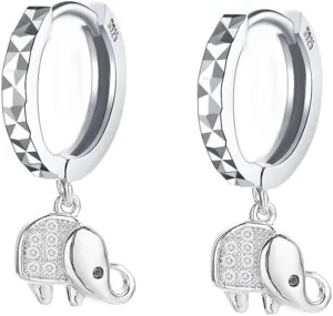 Cute Elephant Dangle Sleeper Hoop Earrings for Women 925 Sterling Silver Dainty CZ Crystal Animal Drop Cartilage Earring Huggie Hinged Round Hoops Hypoallergenic Sensitive Ear Jewelry