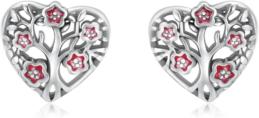 Cute Heart Tree of Life Stud Earrings for Women Cartilage 925 Sterling Silver Enamel Red Flower Hollow Love Hearted Studs Earring Vintage Valentine's Day Jewelry Birthday Gifts Hypoallergenic