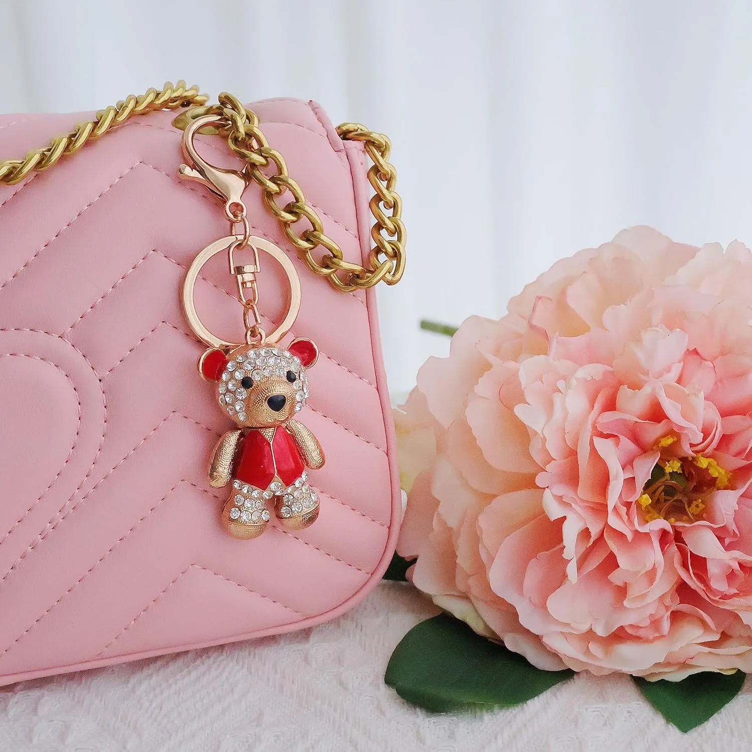 Cute Keychain Women Key Chains For Car Kawaii Anime Crystal Bling Pink Keychains Ring For Bag Purse Charm Accessories