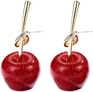 Cute Red Cherry Dangle Stud Earrings Sterling Silver Pin 18k Gold Plated Funny Fruit Statement Fashion Sweet Lovely Dangling Drop Piercing Earring for Women Jewelry Gifts Valentine's Day Birthday