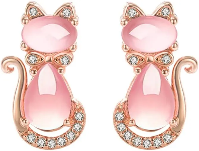 Dainty Cat CZ Stud Earrings for Women Crystal Kitten Animal Pet Pink Gemstone Studs Earring Cute Jewelry Birthday Gifts