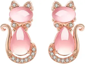 Dainty Cat CZ Stud Earrings for Women Crystal Kitten Animal Pet Pink Gemstone Studs Earring Cute Jewelry Birthday Gifts