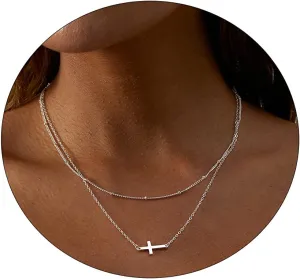 Dainty Cross Necklace for Women 14K Gold Plated Cross Pendant Necklaces Tiny Sideways Cross CZ Diamond Nekclace Delicate Everyday Jewelry Gift
