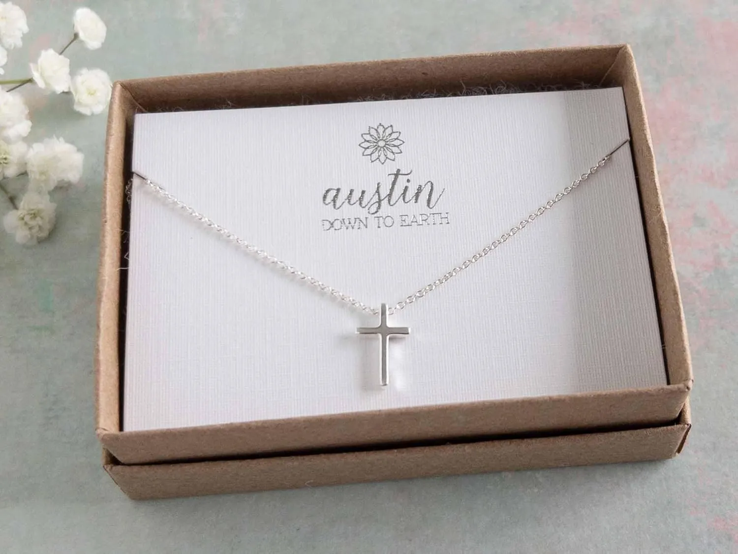 Dainty Cross Necklace for Women, 925 Sterling Silver Tiny Cross Pendant, Christian Small Simple Baptism, Confirmation, Graduation Gift, Austin Down to Earth (Petite Cross, 18-20 inch adj length)
