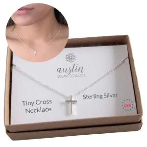 Dainty Cross Necklace for Women, 925 Sterling Silver Tiny Cross Pendant, Christian Small Simple Baptism, Confirmation, Graduation Gift, Austin Down to Earth (Petite Cross, 18-20 inch adj length)