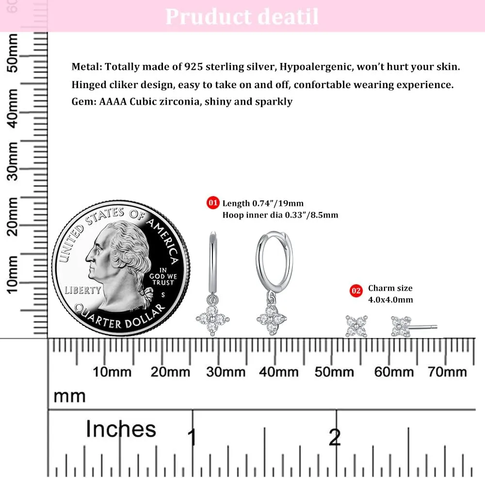 Dainty Flower Shaped CZ Dangle Hoop and Stud Earrings Sets for Women, Drop Huggie Earrings with Cubic Zirconia Charm in Sterling Silver Gifts for Her