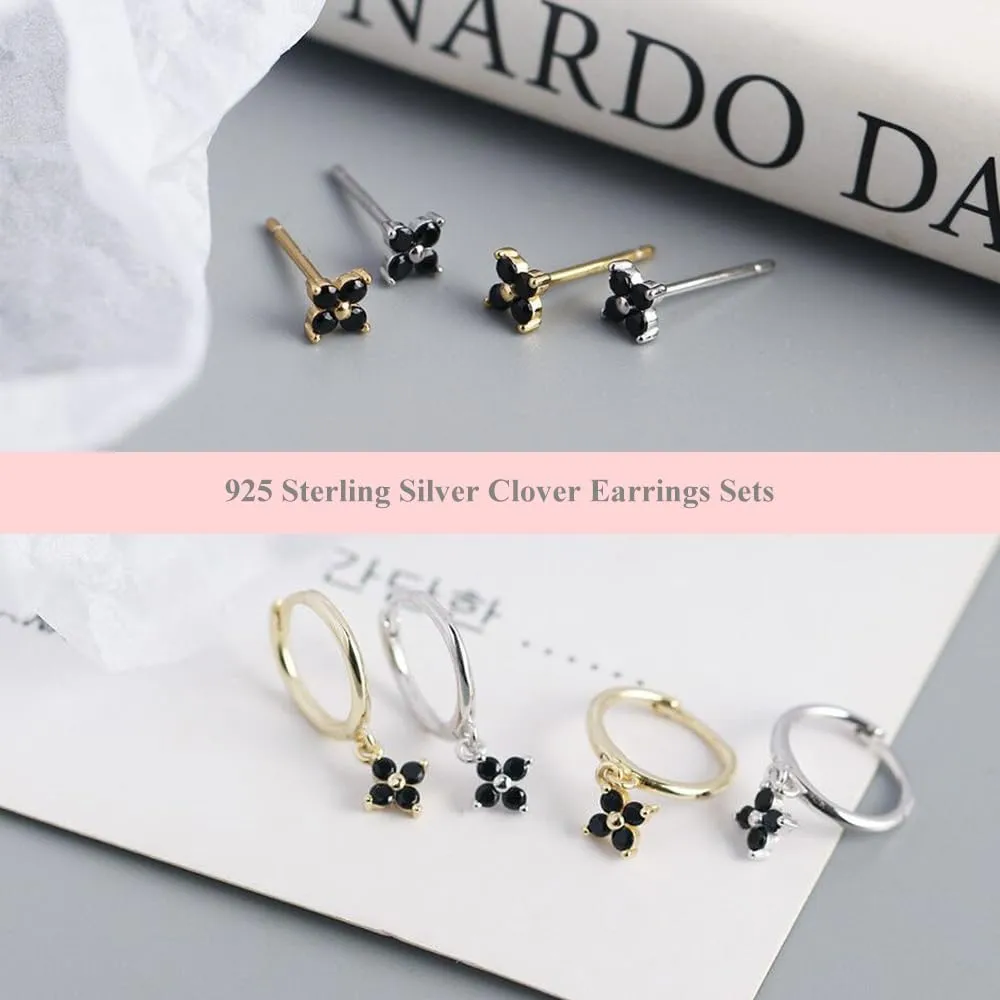 Dainty Flower Shaped CZ Dangle Hoop and Stud Earrings Sets for Women, Drop Huggie Earrings with Cubic Zirconia Charm in Sterling Silver Gifts for Her