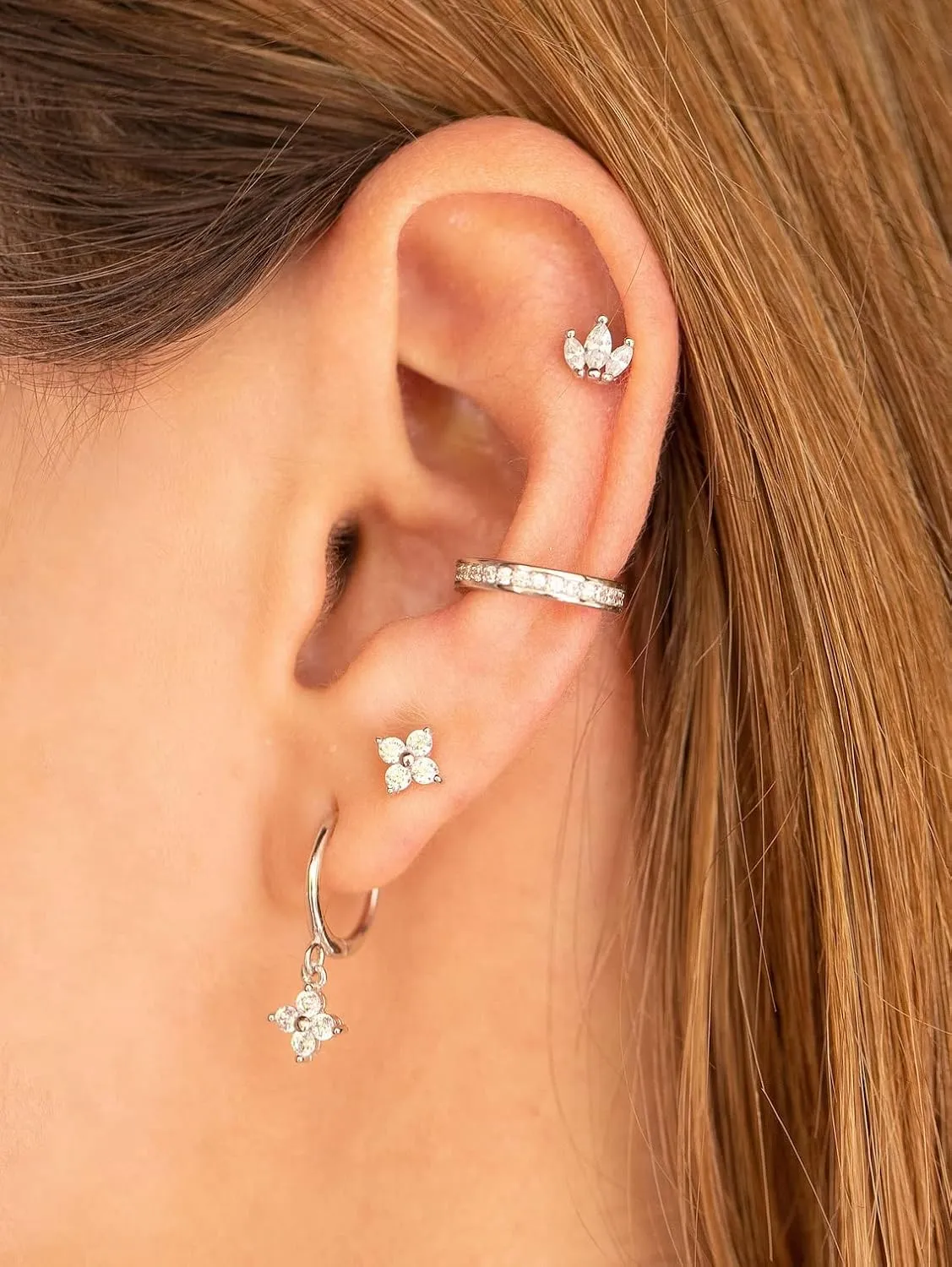 Dainty Flower Shaped CZ Dangle Hoop and Stud Earrings Sets for Women, Drop Huggie Earrings with Cubic Zirconia Charm in Sterling Silver Gifts for Her