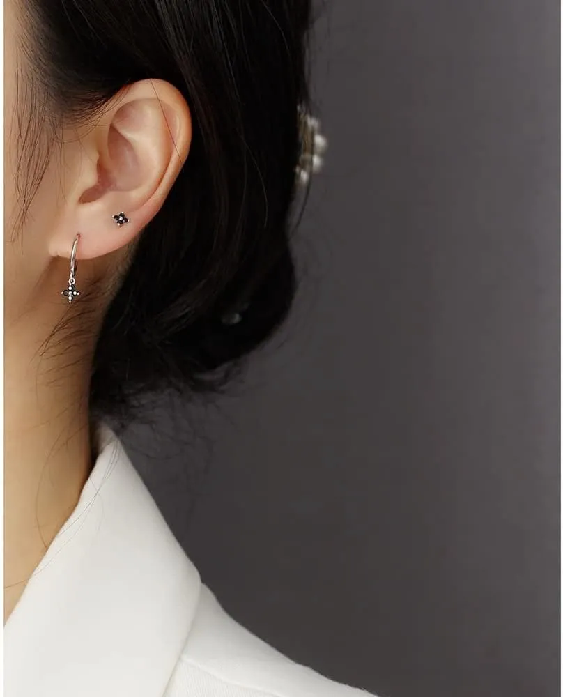 Dainty Flower Shaped CZ Dangle Hoop and Stud Earrings Sets for Women, Drop Huggie Earrings with Cubic Zirconia Charm in Sterling Silver Gifts for Her